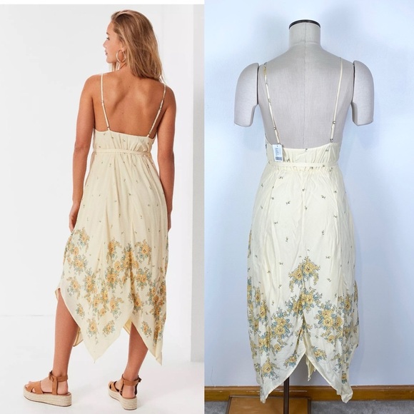 Urban Outfitters Floral Handkerchief Hem Midi Dress Butter Yellow Beige XS NWT - Picture 2 of 16